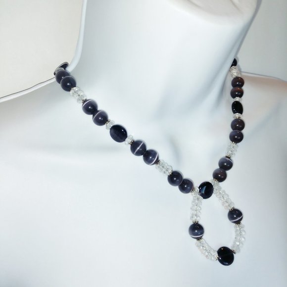 Handmad Charcoal Agate Beaded Necklace With Clear Beads Hand Crafted 17 inches - Picture 8 of 11